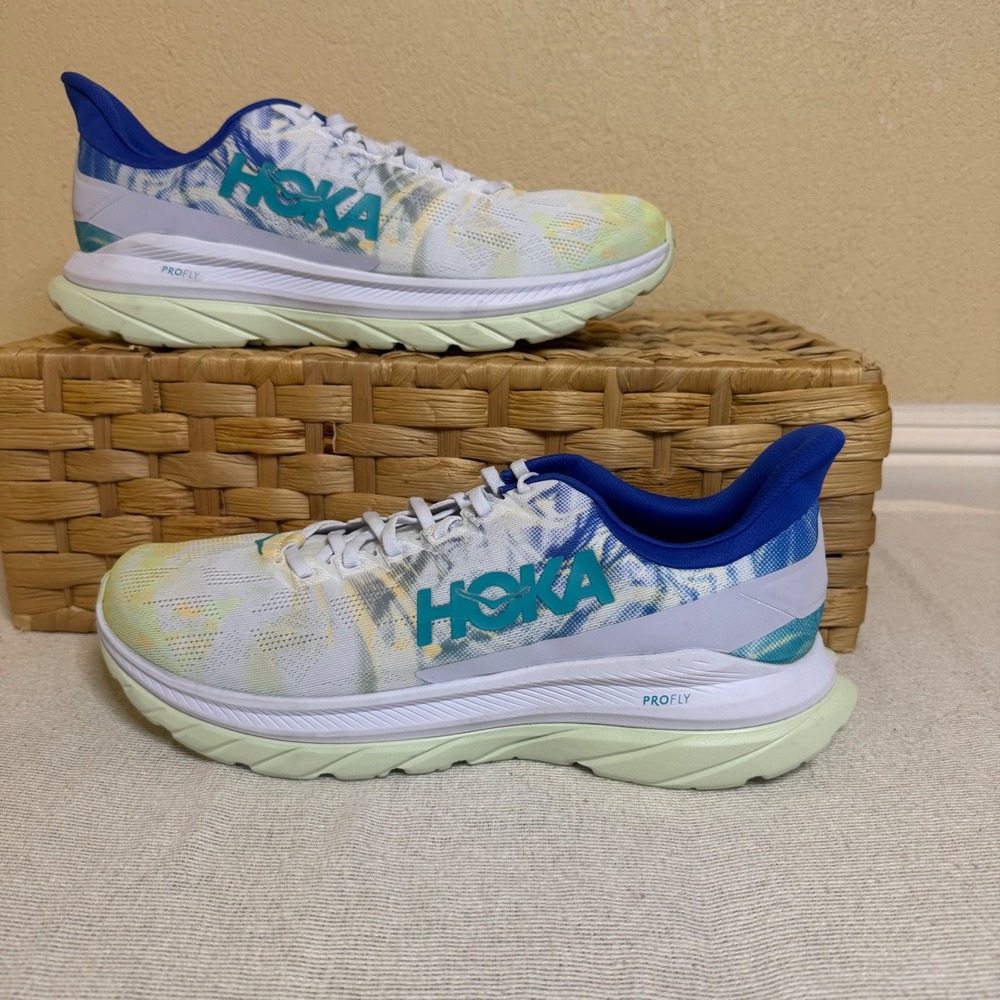 Hoka Mach 4 Running Shoes Mens 13 Blue White Yellow Tie Dye Athletic Sneakers